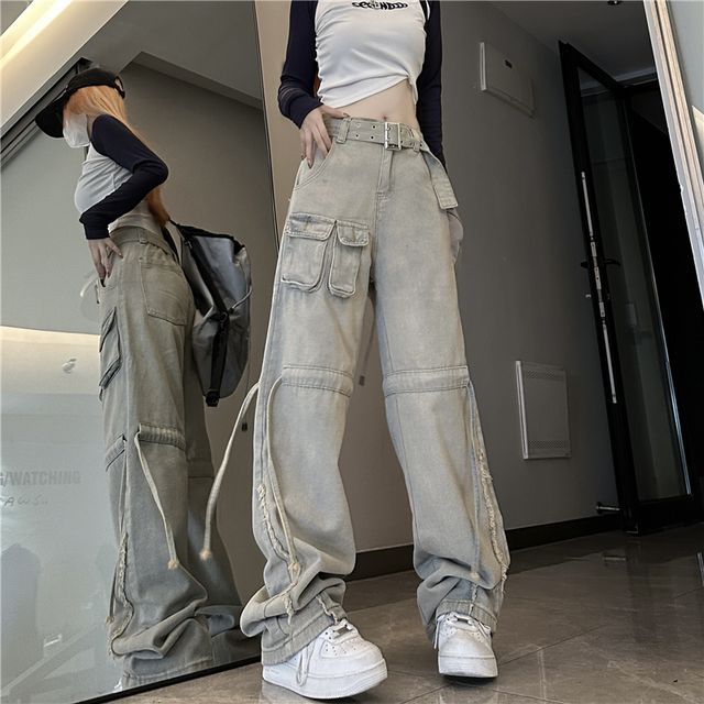 2dawgs - High Waist Washed Belted Fray Wide Leg Cargo Jeans 