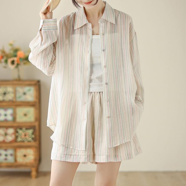 Supernova-Set Long-Sleeve Striped Shirt Shorts