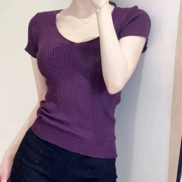 Asiris-Short-Sleeve V-Neck Plain Ribbed Knit Top