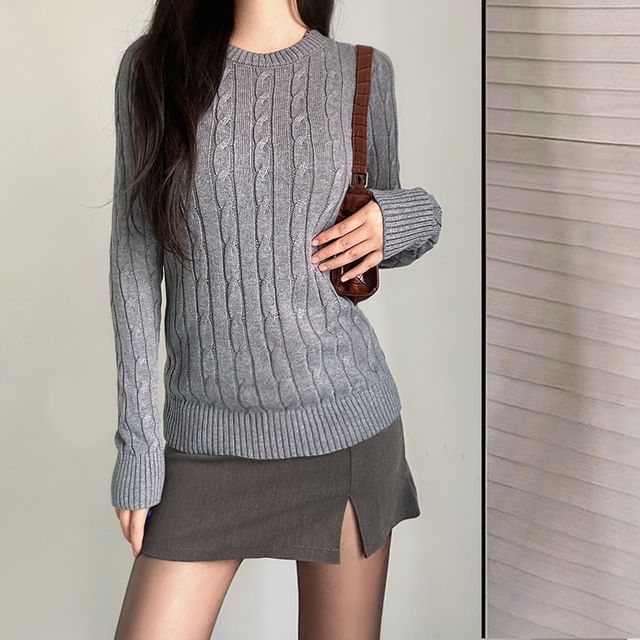 Allinya-Long-Sleeve Crewneck Cable Knit Plain Top