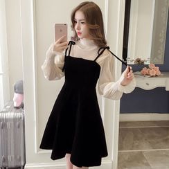 Meowko - Long-Sleeve Mock-Neck Chiffon Top / Spaghetti Strap A-Line Pinafore Dress / Set Meowko - Long-Sleeve Mock-Neck Chiffon Top / Spaghetti Strap A-Line Pinafore Dress / Set