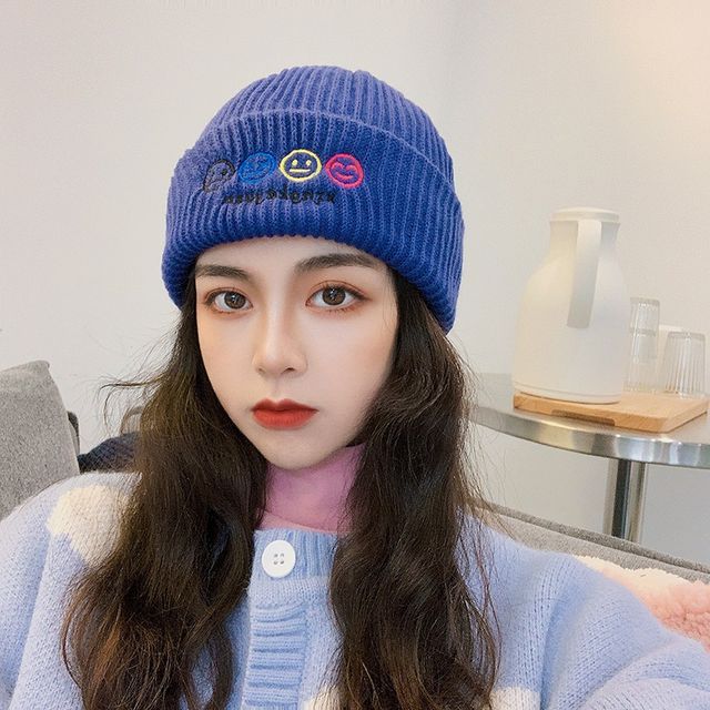 Smiley Face Embroidered Beanie 