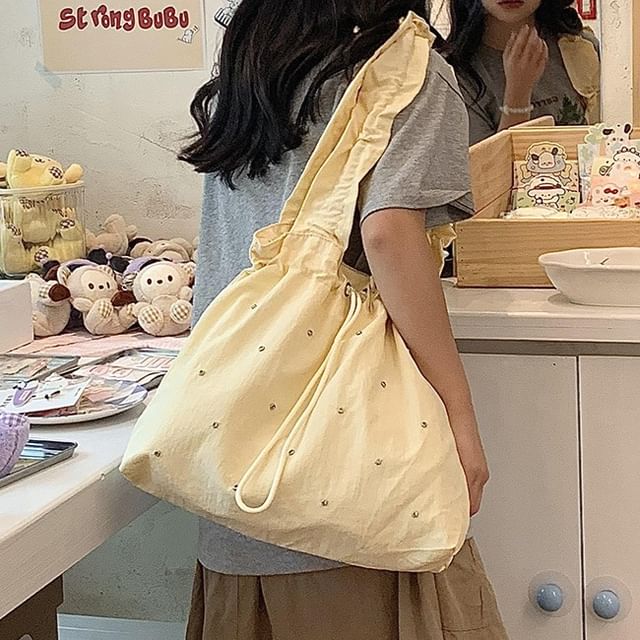 Chestnut Party-Rhinestone Accent Drawstring Nylon Tote Bag
