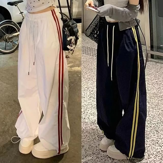 CRIBI-Drawstring Waist Two Tone Wide Leg Sweatpants