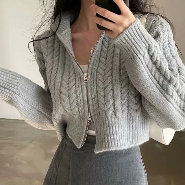 Asiris-Long Sleeve Plain Cable-Knit Zip-Up Cardigan