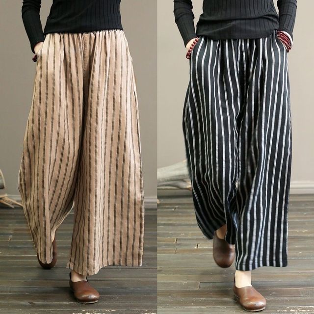 Supernova-Mid Waist Striped Cropped Wide Leg Pants