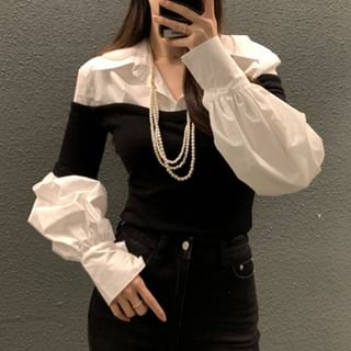 Coris-Long Sleeve Collared Mock Two Piece Crop Top