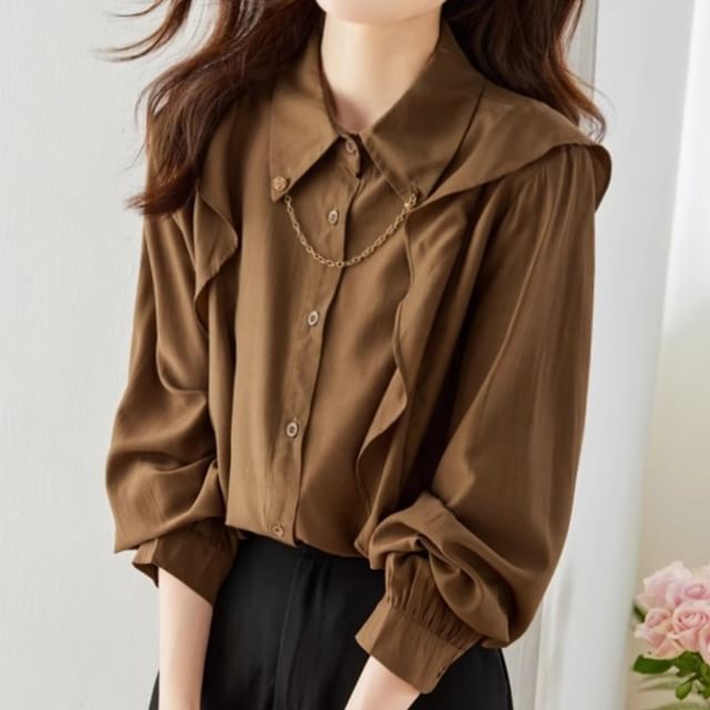 Dragan Pulse-Long Sleeve Collared Plain Ruffle Blouse