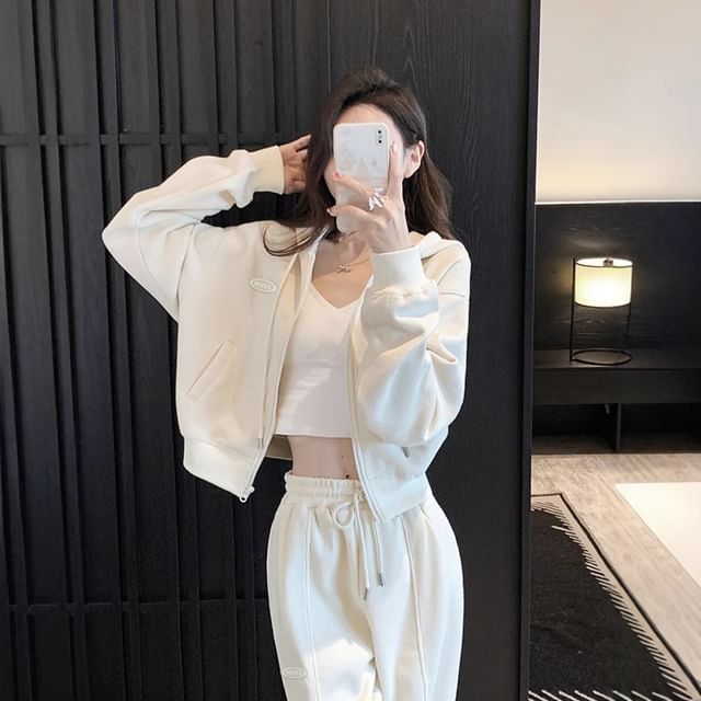 Dovitade-Set Logo Drawstring Zip Hoodie Drawstring Waist Loose Fit Sweatpants