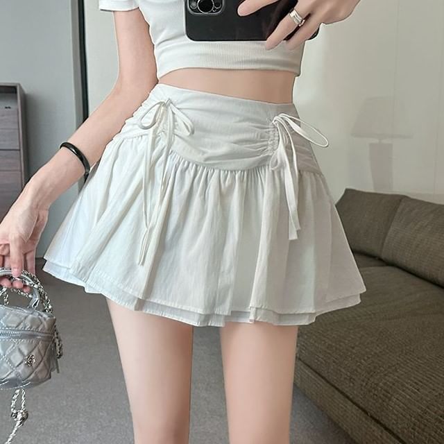 Cloud Nine-High Rise Plain Drawstring Ruched Layered Mini A-Line Skirt