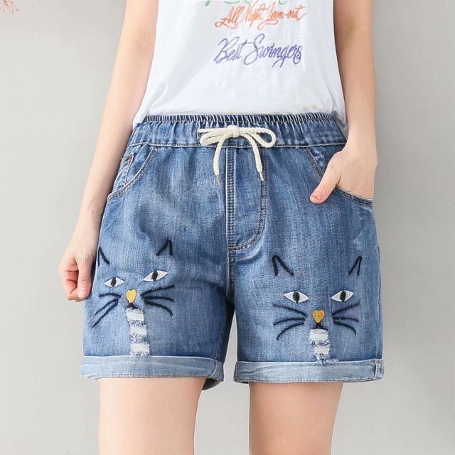 Cat Embroidered Denim Shorts | YesStyle