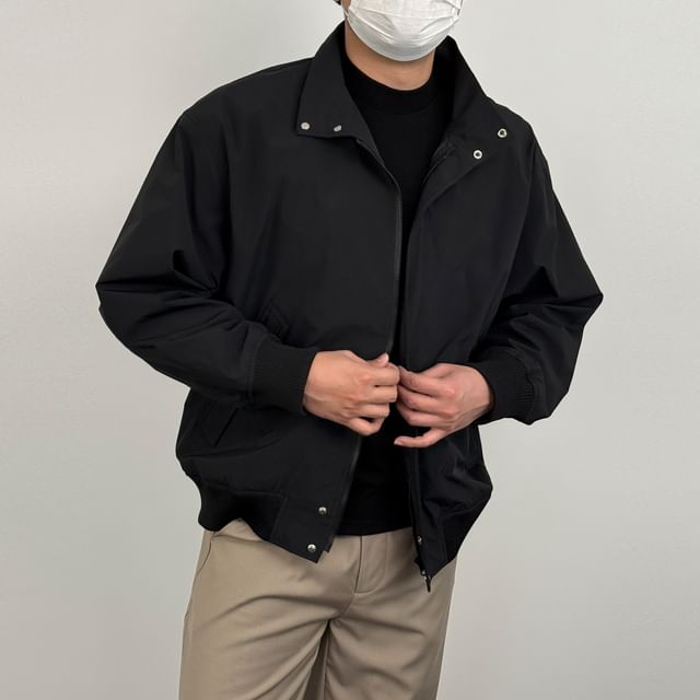 DragonRoad-Stand Collar Zip-Up Plain Bomber Jacket