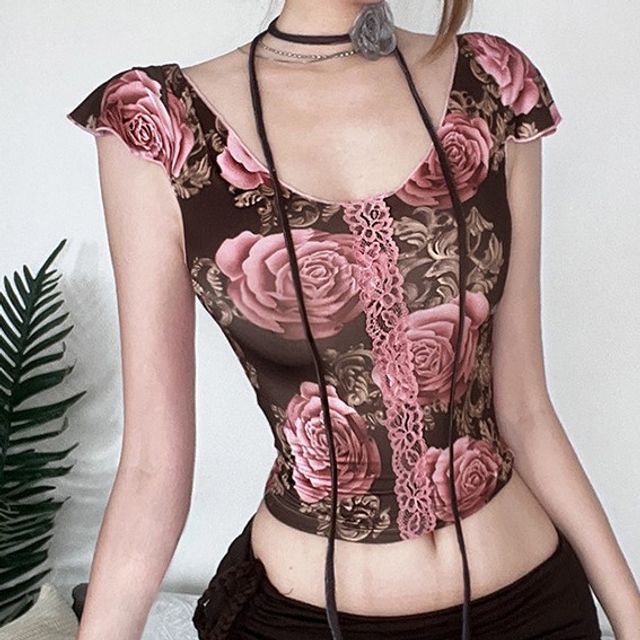 Sosana - Cap-Sleeve Lace-Trim Bow-Accent Floral Print Corset Top