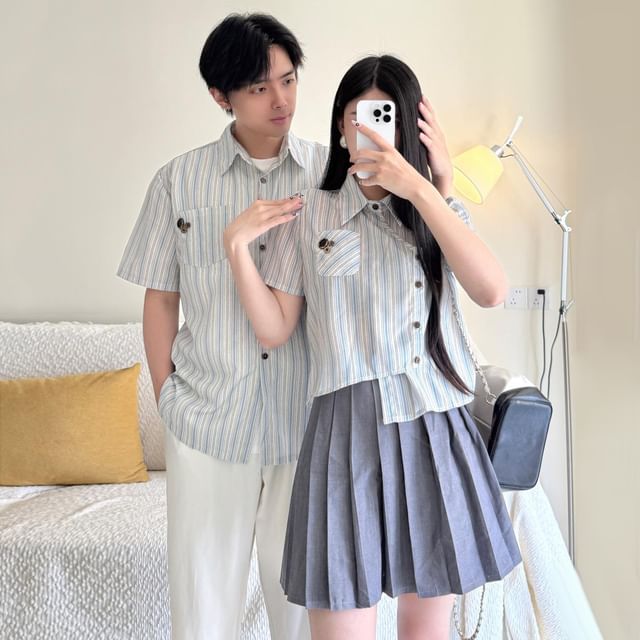 Azure-Couple Matching Short-Sleeve Collared Striped Asymmetrical Button-Up Blouse High Waist Plain Pleated Mini A-Line Skirt Elbow-Sleeve Shirt