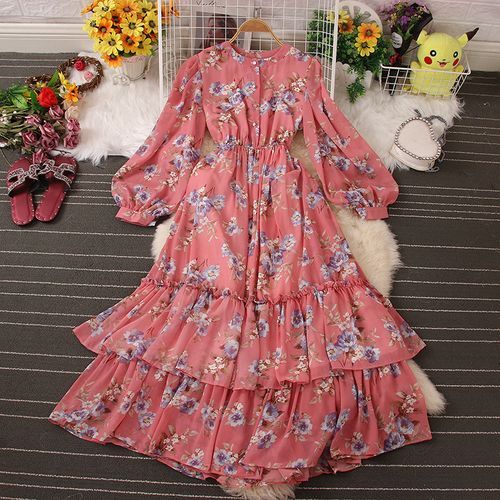 Yolandus - Balloon-Sleeve Floral Chiffon Maxi A-Line Dress