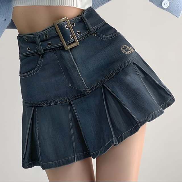 Bolgivy - High Rise Belted Denim Mini A-Line Skirt | YesStyle