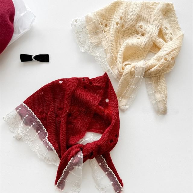 Combon-Lace Panel Perforated Knit Headkerchief