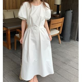 Jesong Short Sleeve Round Neck Plain Belted Maxi A-Line Dress Sale