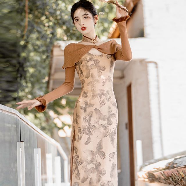 Nebbia - Long-Sleeve Scoop Neck Butterfly Print Panel Midi A-Line Dress |  YesStyle