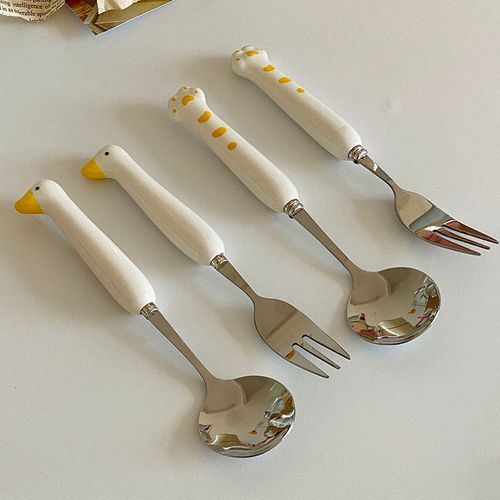 3pcs Cute Cat Paw Ceramic Cutlery Set Stainless Steel Tableware