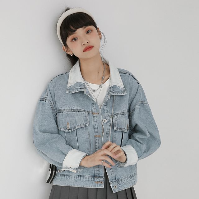 Contrast Collar Denim Cropped Jacket 