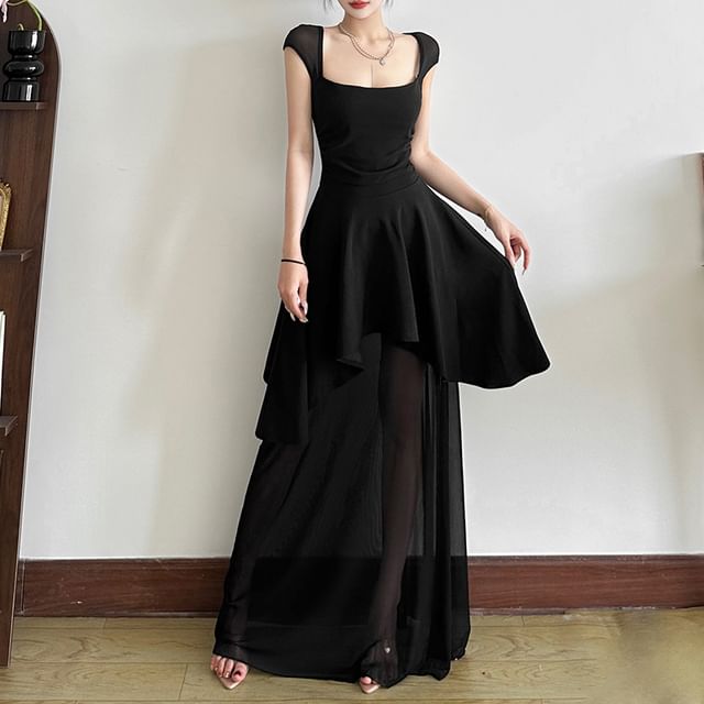 Sugarcoat-Cap Sleeve Square-Neck Plain Open-Back Ruched Sheer Maxi Dress