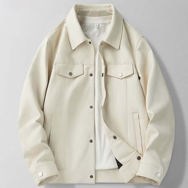 Dandyluxe-Collared Plain Button-Up Faux Leather Jacket