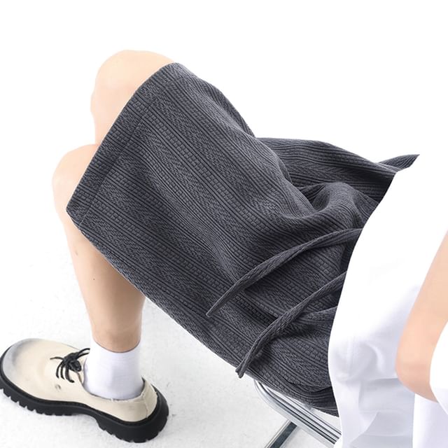 Ffodia-Drawstring Waist Plain Textured Shorts