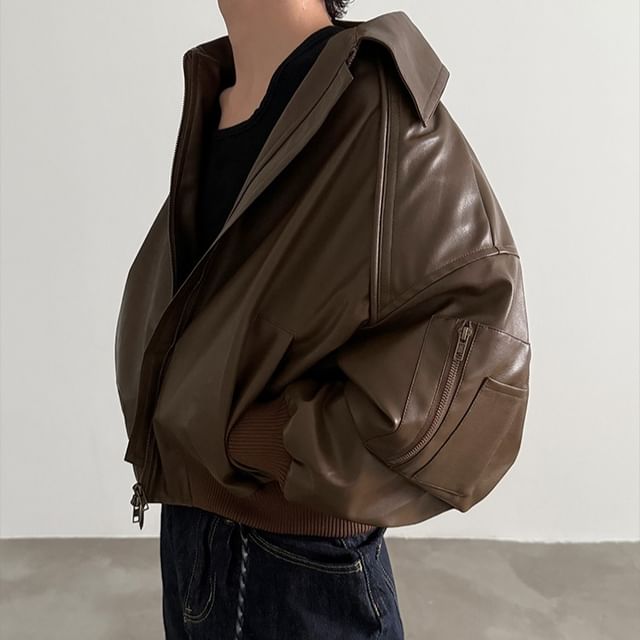 Nahagin-Plain Faux Leather Zip Jacket