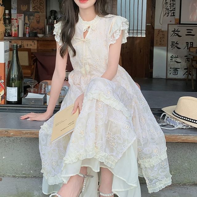 Tzarkozy - Cap-Sleeve Stand Collar Floral Embroidered Bow Accent Frill Trim  Cutout Midi A-Line Dress