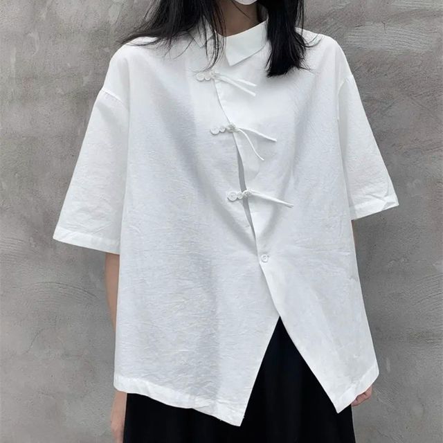 SIMPLE BLACK-Elbow Sleeve Frog Button Slit Shirt