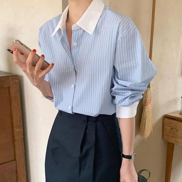 Everose-Long-Sleeve Collared Striped Button Shirt