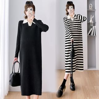 Rosy Street Maternity Long Sleeve Polo Collar Striped Midi Sweater Dress Sale