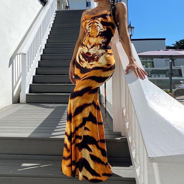 GRAYSI - Tiger Print Spaghetti-Strap Midi Dress | YesStyle