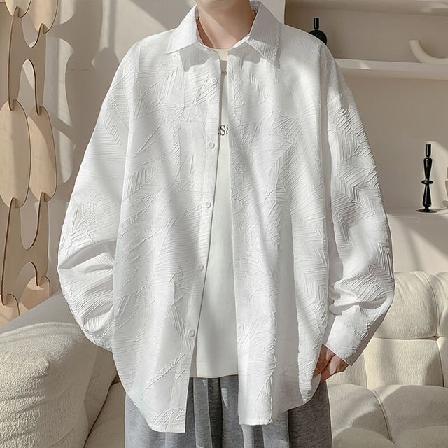 Obikan-Long Sleeve Collared Textured Oversized Button Up Shirt