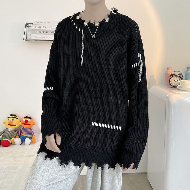 Phoneus-Round Neck Contrast Stitch Distressed Sweater