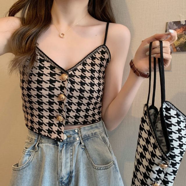 Faiar-Houndstooth Button-Up Asymmetrical Cropped Camisole Top