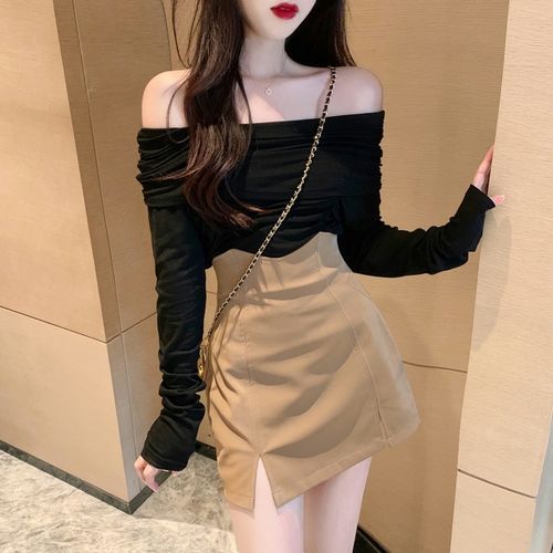 Long-Sleeve Off-Shoulder Tee / High Waist Slit Mini Pencil Skirt