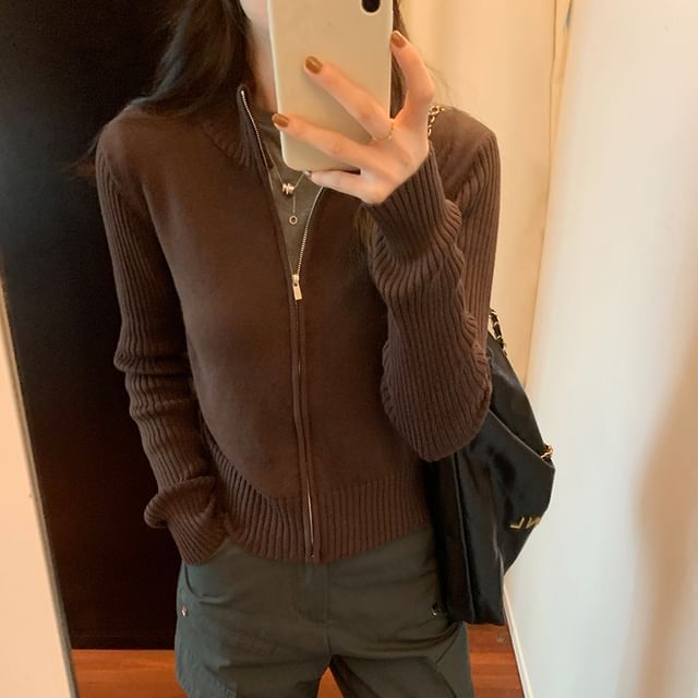 Dragan Pulse-Stand Collar Plain Ribbed Zip Cardigan