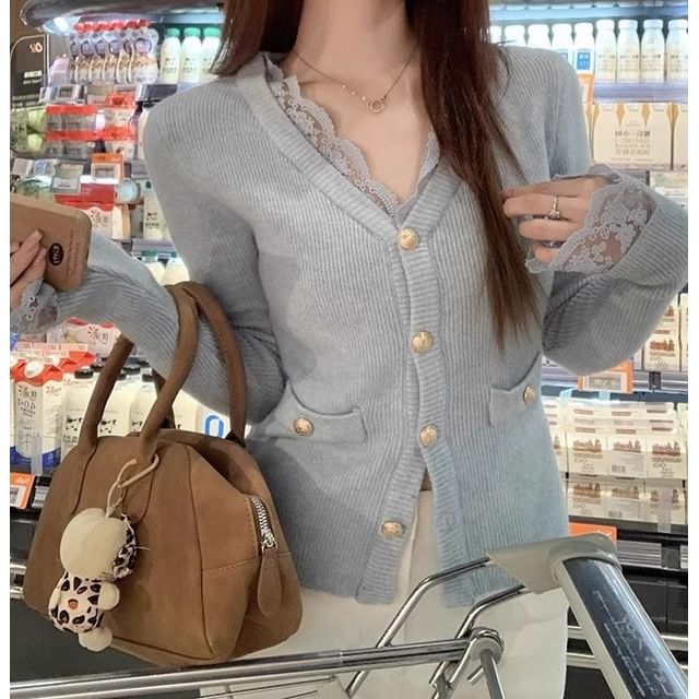 Trendycas-V-Neck Lace Trim Plain Cardigan