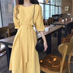 Antoinine - Balloon-Sleeve Tie-Front Midi A-Line Dress Antoinine - Balloon-Sleeve Tie-Front Midi A-Line Dress