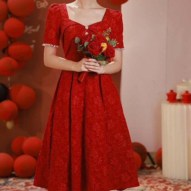 Showstopper - Short-Sleeve Square Neck Floral Embossed Half-Button Midi  A-Line Evening Dress | YesStyle