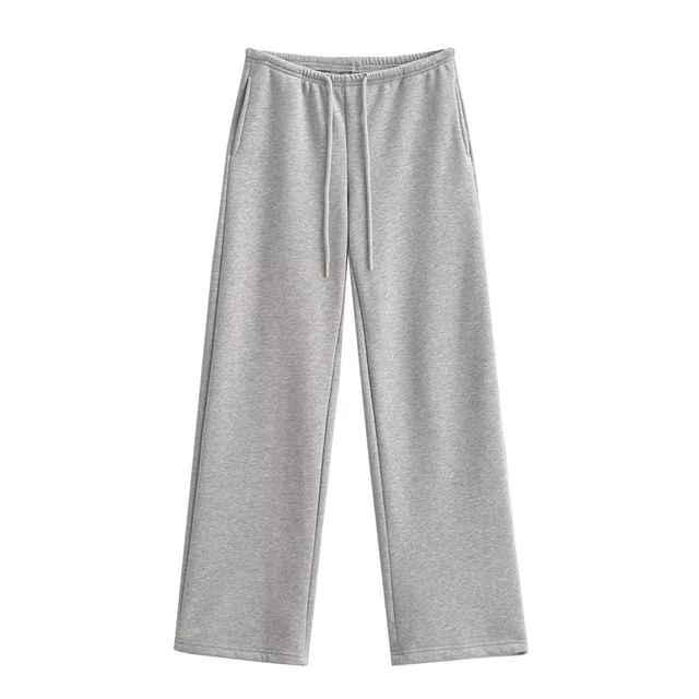 Hollahop-Drawstring Waist Plain Fleece-Lined Straight Leg Sweatpants