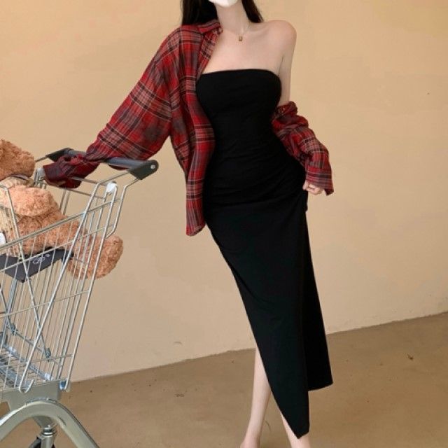 Tonni's Long-Sleeve Plaid Shirt Strapless Plain Slit Midi