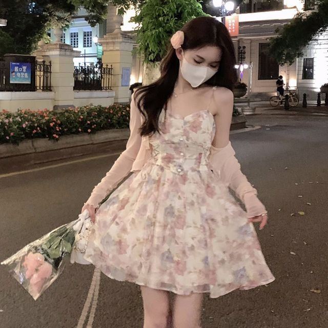 Closette Strappy Floral Print Mini Dress Light Cardigan YesStyle