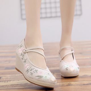 Kyotopia - Flower Embroidered Wedge Mary Jane Pumps | YesStyle