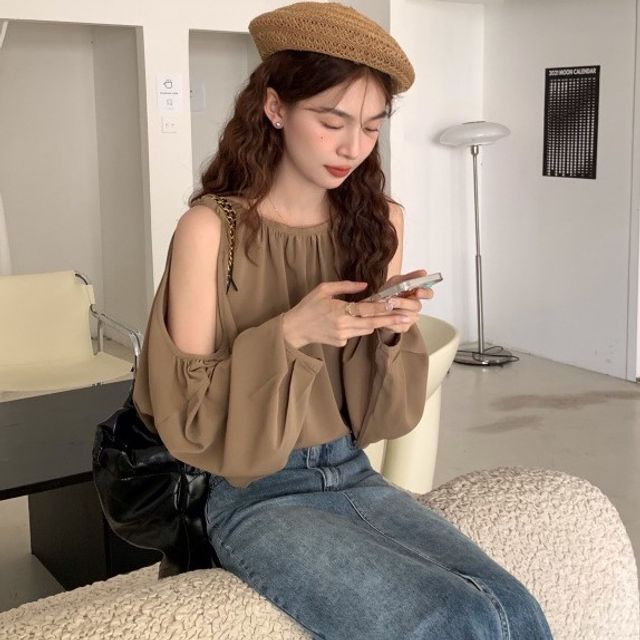 PERKARP-Puff-Sleeve Cold Shoulder Plain Blouse