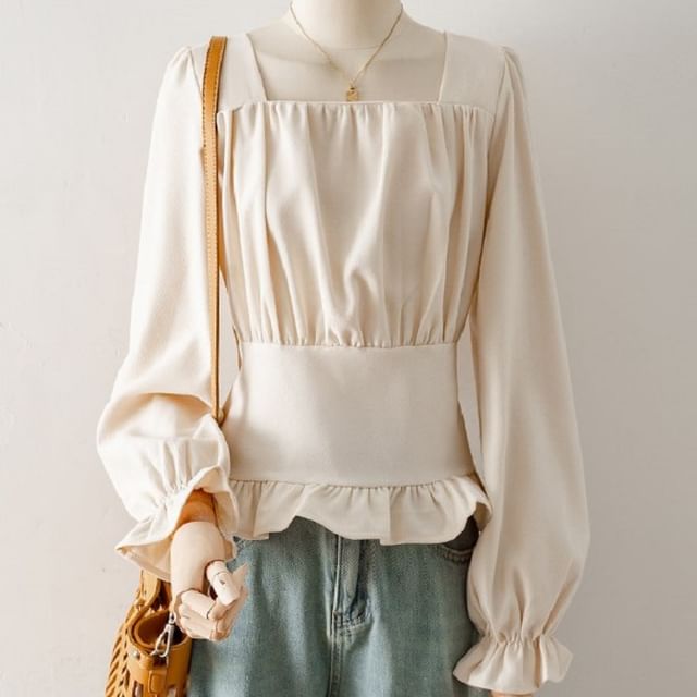 Cossita-Long-Sleeve Square Neck Plain Peplum Blouse