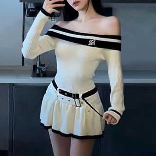 Bebop Long-Sleeve Off-Shoulder Plain Ribbed Mini Bodycon Dress with Belt Sale