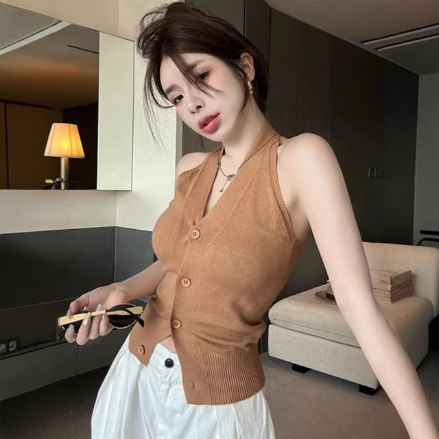 OGAWA-Halter V-Neck Plain Button Knit Tank Top